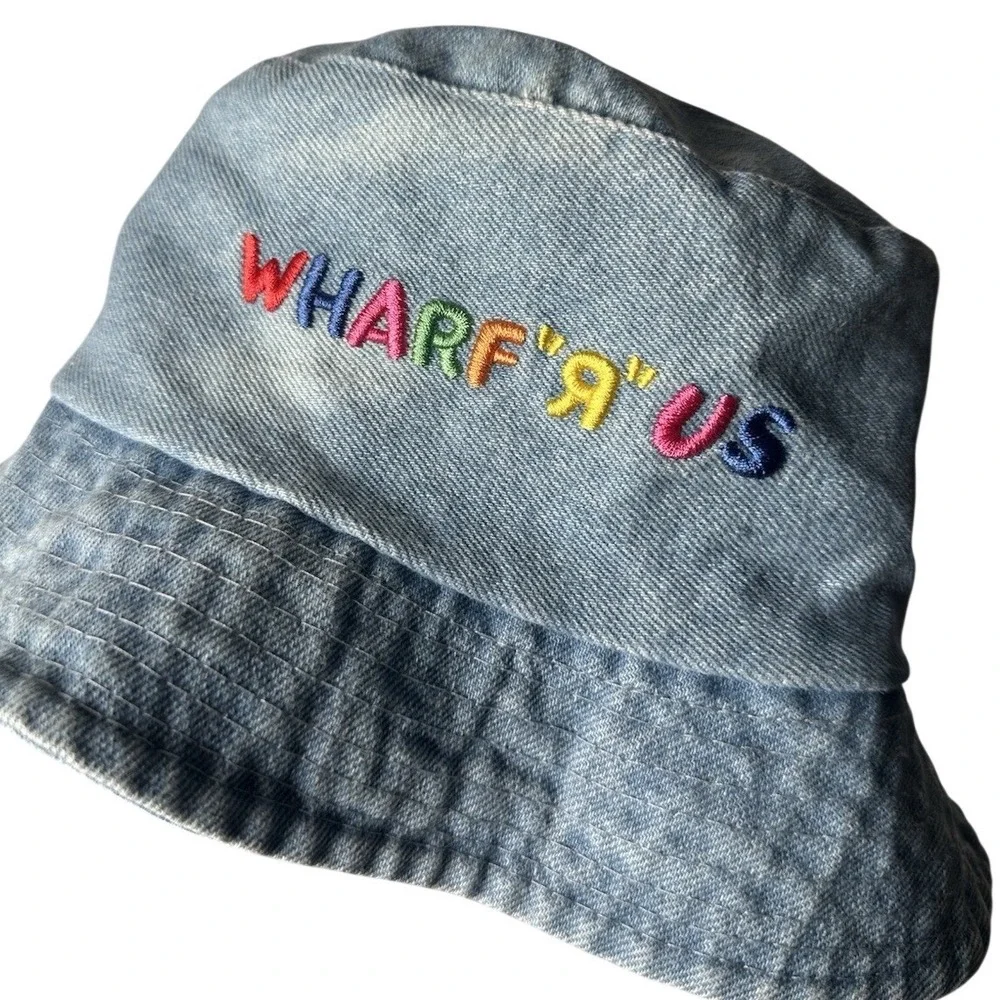 Y2K 2000s Vintage Denim Bucket‎ Hat Embroidered Wharf R Us Streetwear Throwback